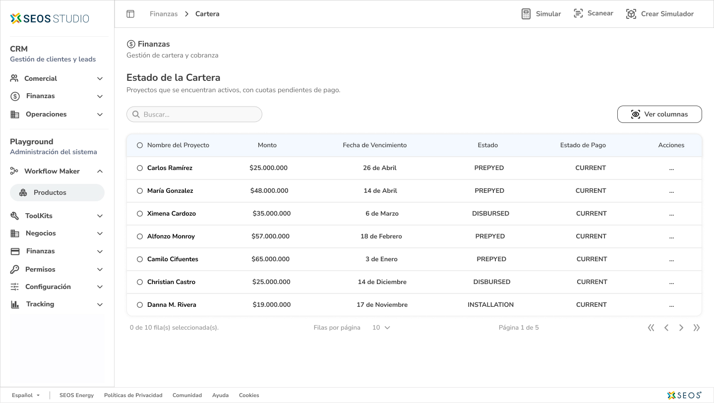 Plataforma de Crédito Solar SEOS Studio - Gestión de Cartera