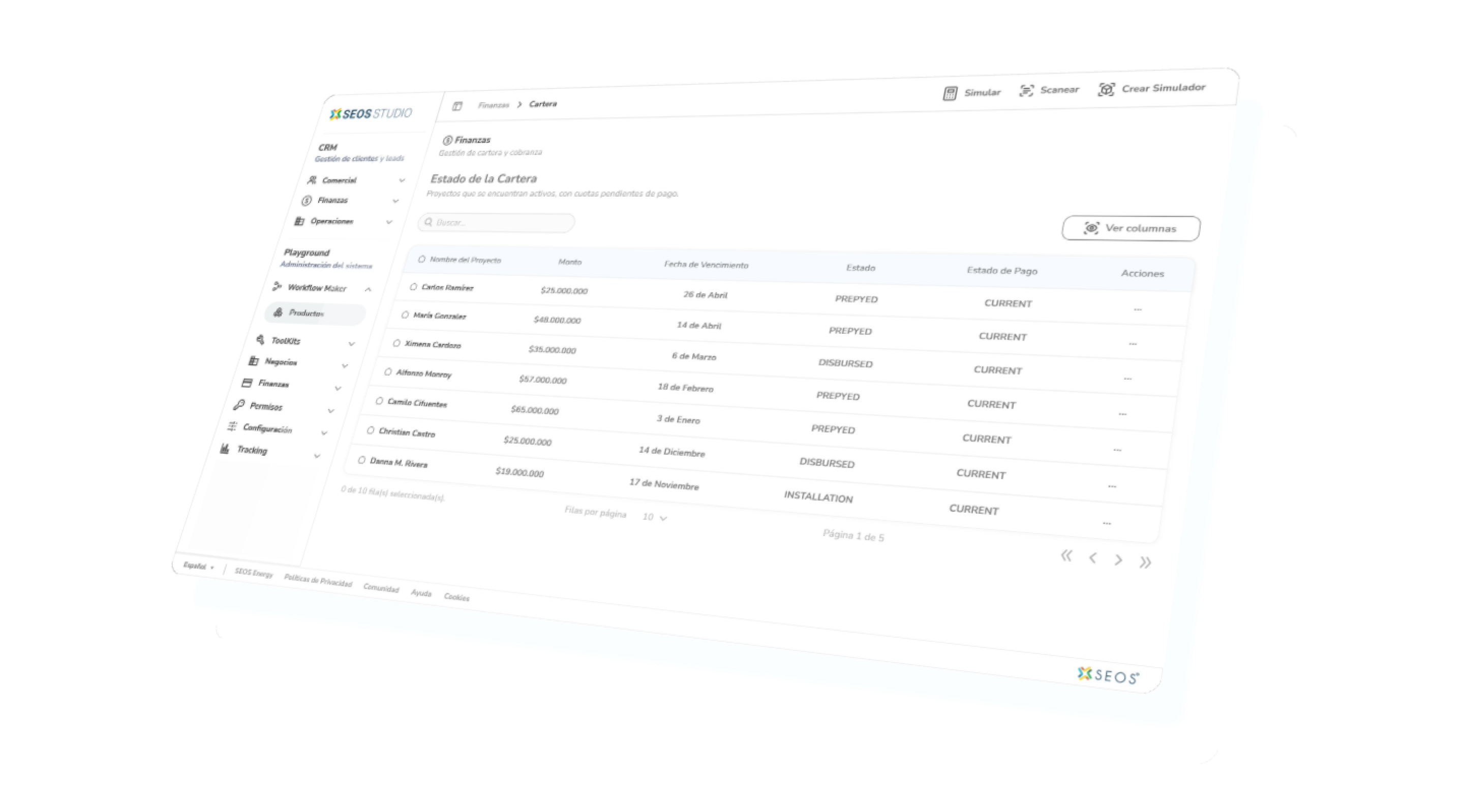 Dashboard de SEOS Studio mostrando la gestión de cartera de proyectos solares